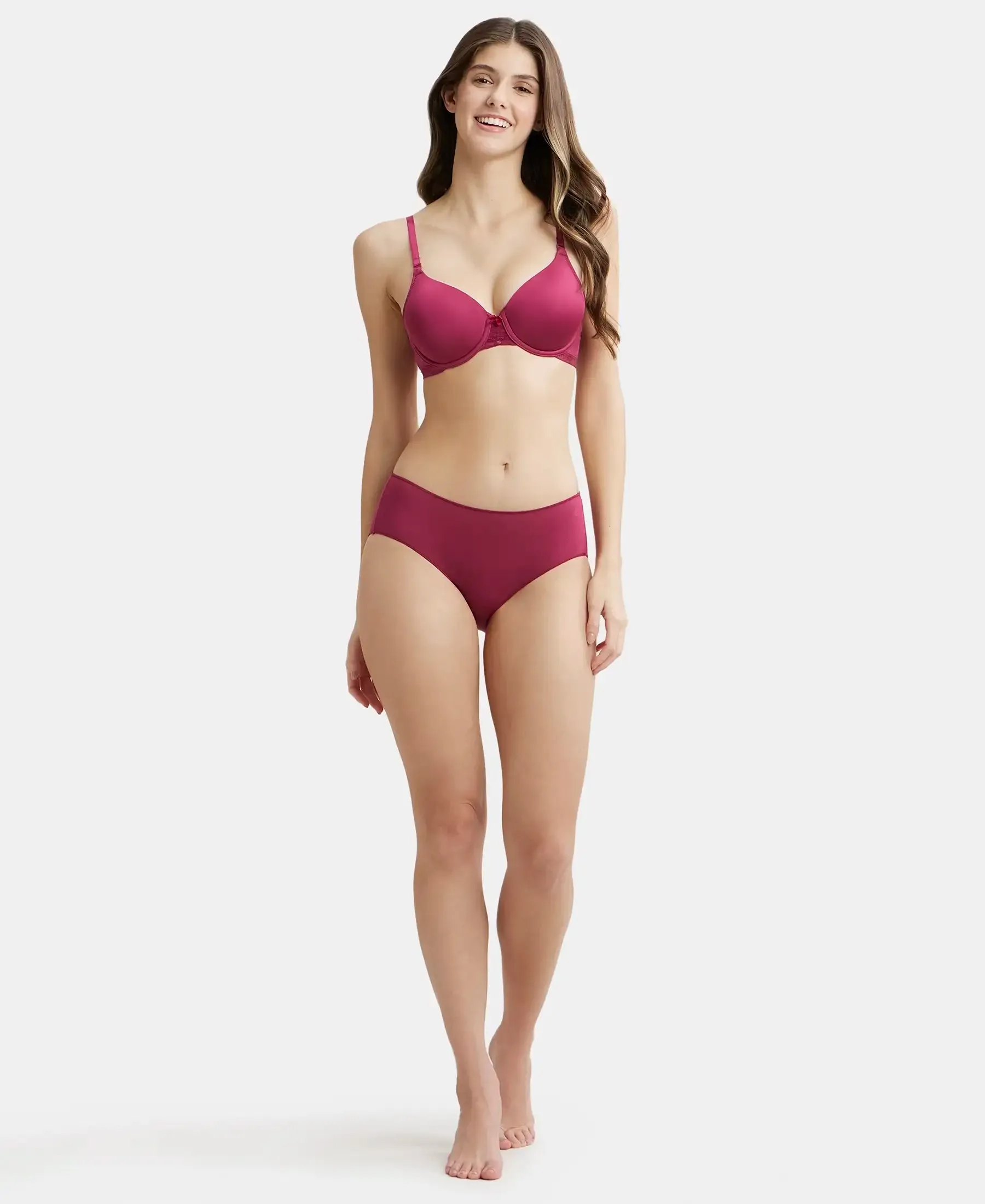 Under-Wired Padded Soft Touch Microfiber Elastane Stretch Full Coverage T-Shirt Bra with Lace Styling - Pink Wine