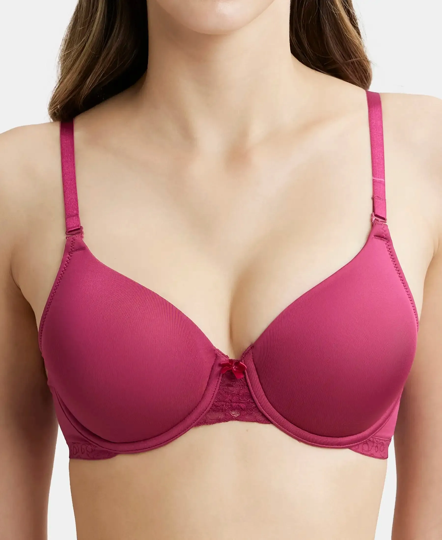 Under-Wired Padded Soft Touch Microfiber Elastane Stretch Full Coverage T-Shirt Bra with Lace Styling - Pink Wine