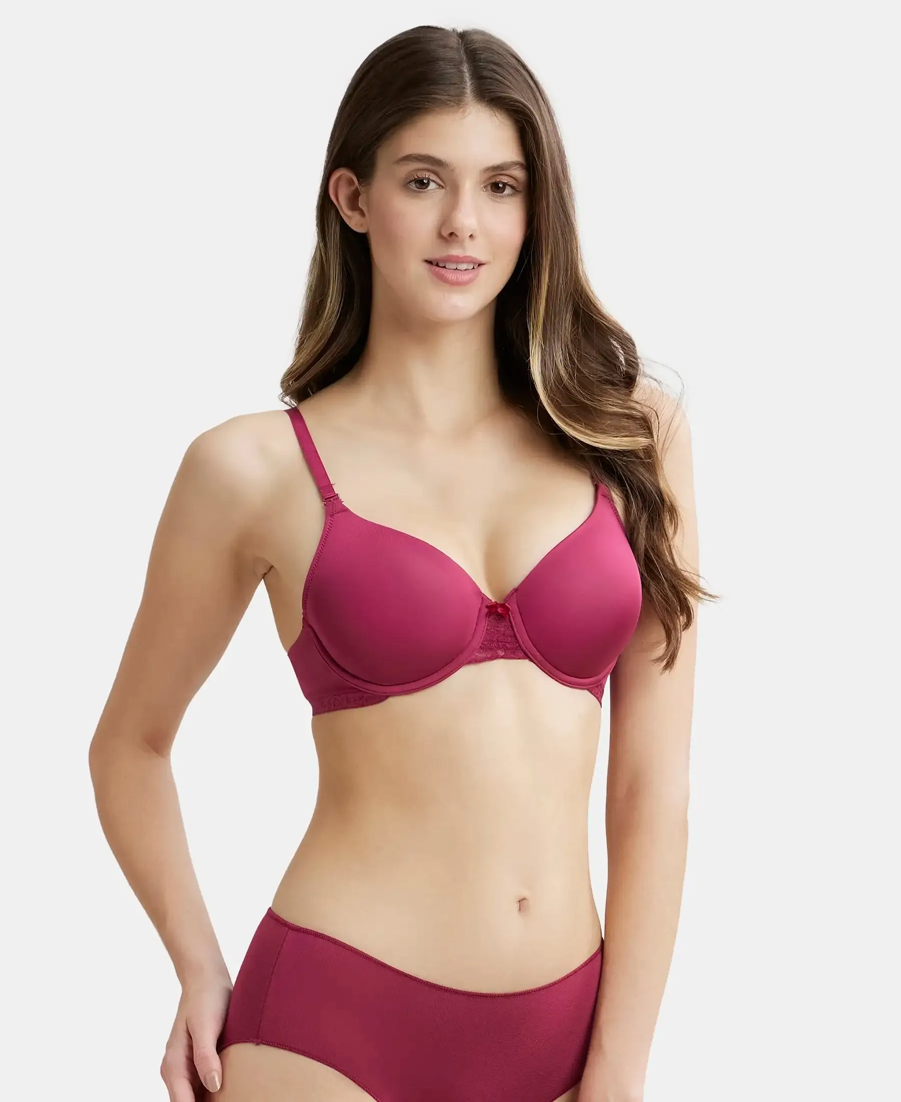 Under-Wired Padded Soft Touch Microfiber Elastane Stretch Full Coverage T-Shirt Bra with Lace Styling - Pink Wine