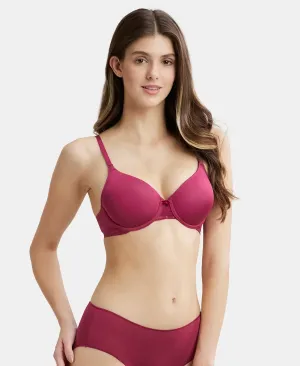Under-Wired Padded Soft Touch Microfiber Elastane Stretch Full Coverage T-Shirt Bra with Lace Styling - Pink Wine