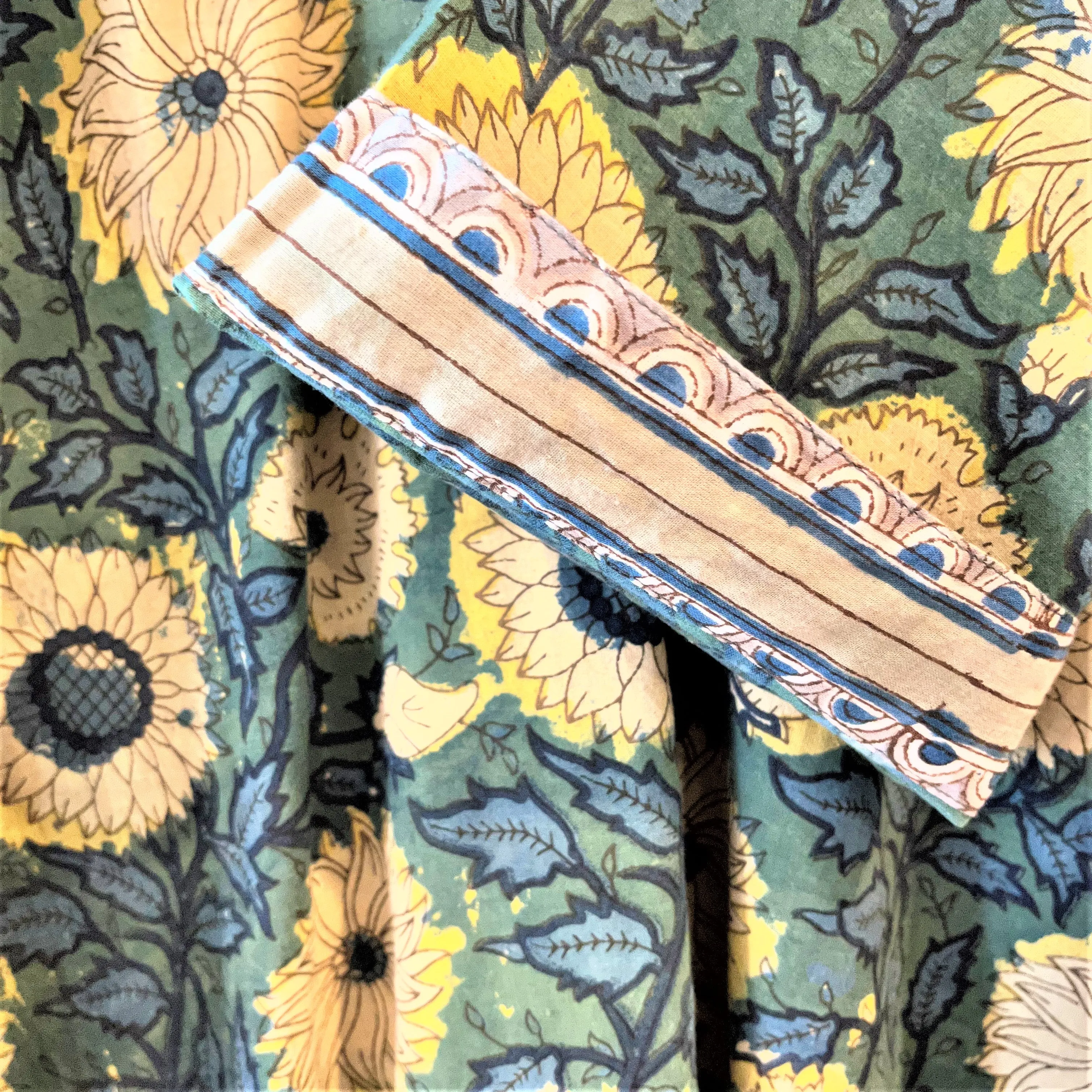 V-Neck Dress with Accent Cuffed Sleeves - 100% Cotton Hand Block Printed
