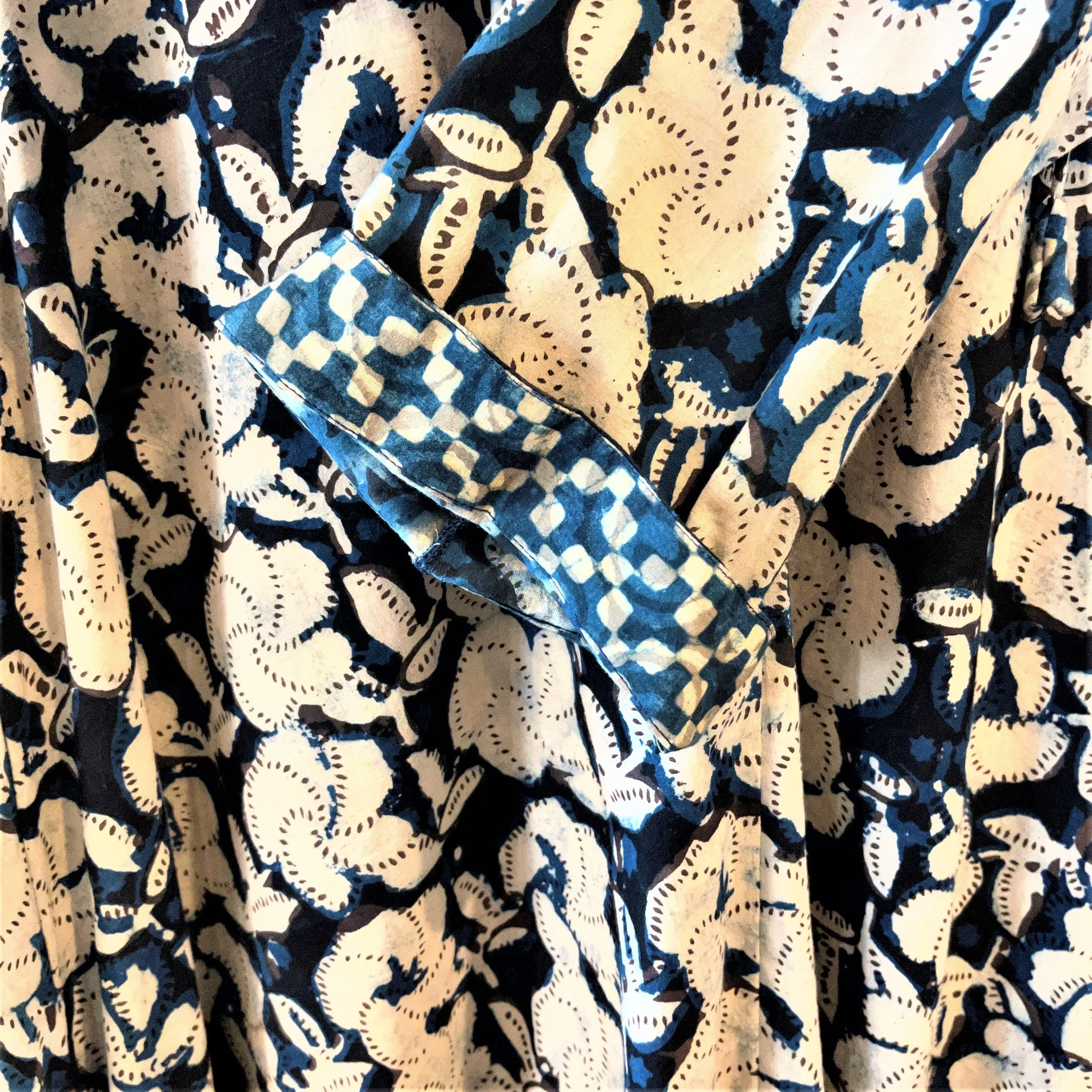 V-Neck Dress with Accent Cuffed Sleeves - 100% Cotton Hand Block Printed