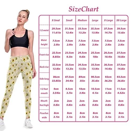 visesunny High Waist Yoga Pants with Pockets Bee Sunflower White Flower Leaf Tummy Control Workout Running Yoga Leggings for Women
