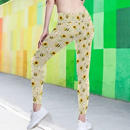 visesunny High Waist Yoga Pants with Pockets Bee Sunflower White Flower Leaf Tummy Control Workout Running Yoga Leggings for Women