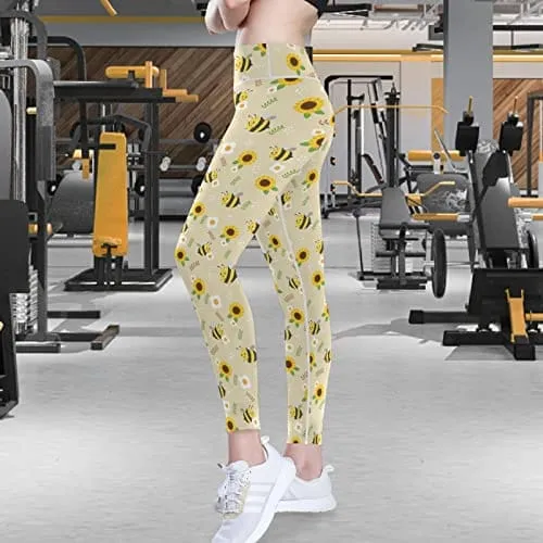 visesunny High Waist Yoga Pants with Pockets Bee Sunflower White Flower Leaf Tummy Control Workout Running Yoga Leggings for Women