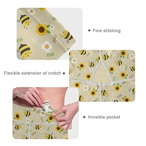 visesunny High Waist Yoga Pants with Pockets Bee Sunflower White Flower Leaf Tummy Control Workout Running Yoga Leggings for Women