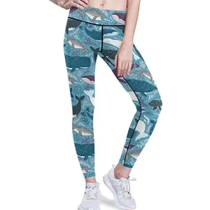 visesunny High Waist Yoga Pants with Pockets Blue Whale Marine Mammal Dot Buttery Soft Tummy Control Running Workout Pants 4 Way Stretch Pocket Leggings