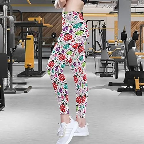 visesunny High Waist Yoga Pants with Pockets Cute Ladybug Polka Dot Buttery Soft Tummy Control Running Workout Pants 4 Way Stretch Pocket Leggings