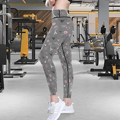 visesunny High Waist Yoga Pants with Pockets Eiffel Tower Pink Lip Heart Grey Buttery Soft Tummy Control Running Workout Pants 4 Way Stretch Pocket Leggings