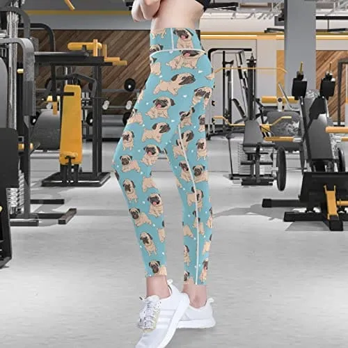 visesunny High Waist Yoga Pants with Pockets Funny Cartoon Pug Puppy Blue Tummy Control Workout Running Yoga Leggings for Women
