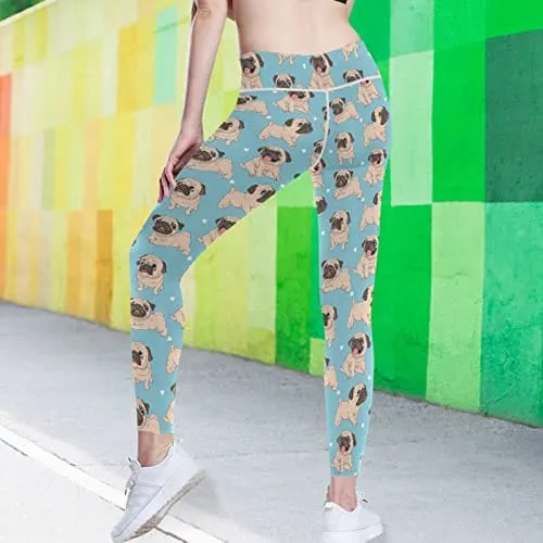 visesunny High Waist Yoga Pants with Pockets Funny Cartoon Pug Puppy Blue Tummy Control Workout Running Yoga Leggings for Women