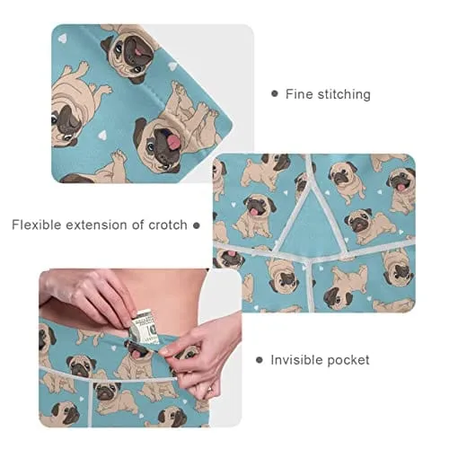 visesunny High Waist Yoga Pants with Pockets Funny Cartoon Pug Puppy Blue Tummy Control Workout Running Yoga Leggings for Women