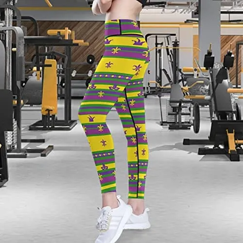 visesunny High Waist Yoga Pants with Pockets Mardi Gras Striped Tummy Control Workout Running Yoga Leggings for Women