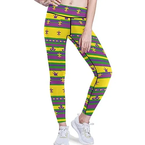 visesunny High Waist Yoga Pants with Pockets Mardi Gras Striped Tummy Control Workout Running Yoga Leggings for Women