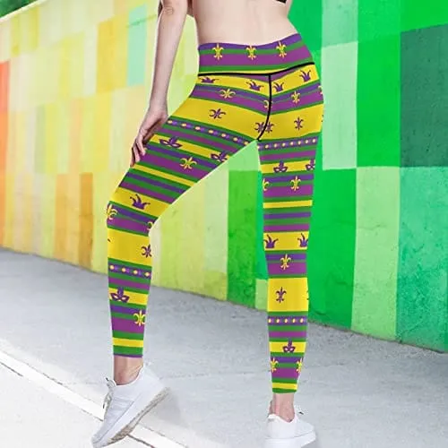 visesunny High Waist Yoga Pants with Pockets Mardi Gras Striped Tummy Control Workout Running Yoga Leggings for Women