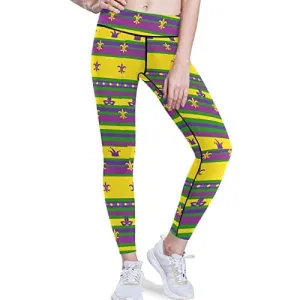 visesunny High Waist Yoga Pants with Pockets Mardi Gras Striped Tummy Control Workout Running Yoga Leggings for Women
