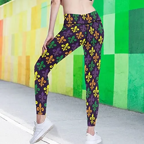 visesunny High Waist Yoga Pants with Pockets Mardi Gras with French Lily Tummy Control Workout Running Yoga Leggings for Women