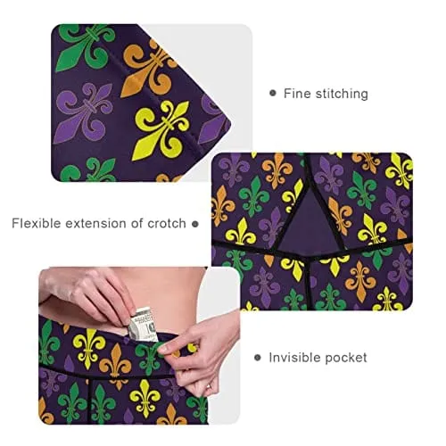 visesunny High Waist Yoga Pants with Pockets Mardi Gras with French Lily Tummy Control Workout Running Yoga Leggings for Women