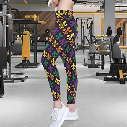 visesunny High Waist Yoga Pants with Pockets Mardi Gras with French Lily Tummy Control Workout Running Yoga Leggings for Women