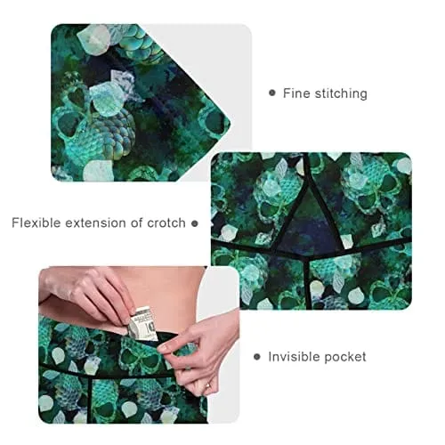 visesunny High Waist Yoga Pants with Pockets Mermaid Scale Seashell Skull Buttery Soft Tummy Control Running Workout Pants 4 Way Stretch Pocket Leggings