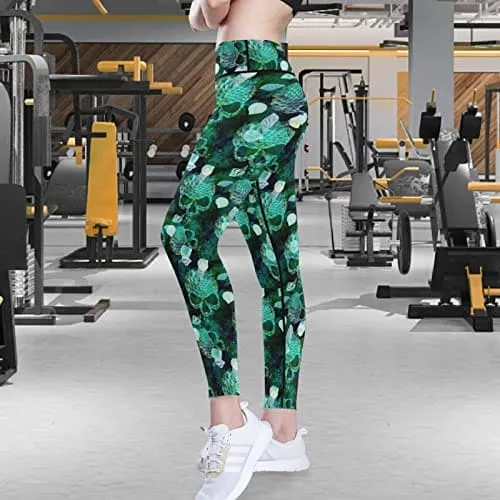 visesunny High Waist Yoga Pants with Pockets Mermaid Scale Seashell Skull Buttery Soft Tummy Control Running Workout Pants 4 Way Stretch Pocket Leggings
