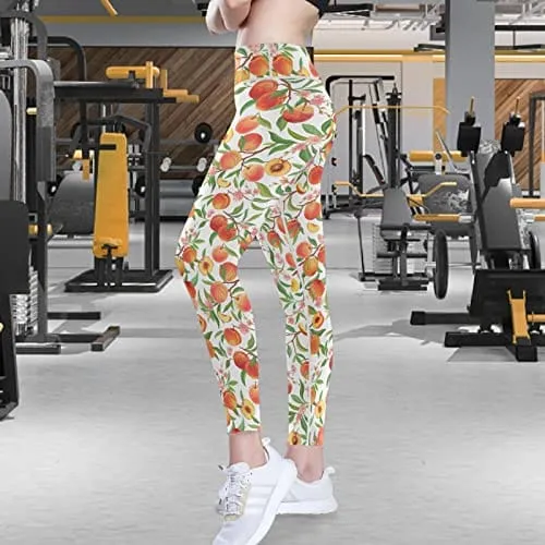 visesunny High Waist Yoga Pants with Pockets Peach Tropic Fruit Leaf Flower Tummy Control Workout Running Yoga Leggings for Women