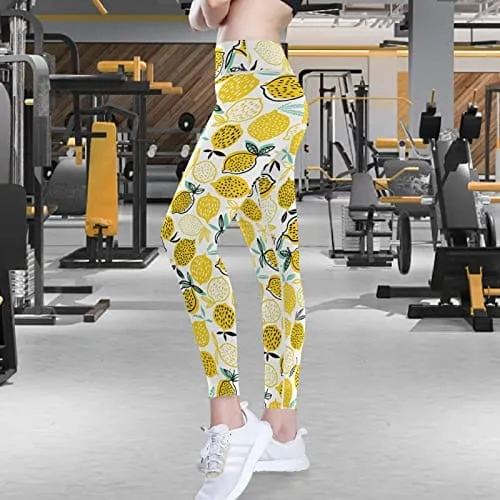 visesunny High Waist Yoga Pants with Pockets Summer Lemon with Dot Buttery Soft Tummy Control Running Workout Pants 4 Way Stretch Pocket Leggings