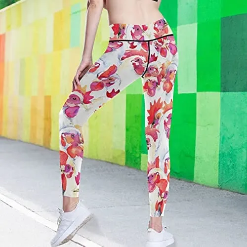 visesunny High Waist Yoga Pants with Pockets White Rooster Animal Buttery Soft Tummy Control Running Workout Pants 4 Way Stretch Pocket Leggings