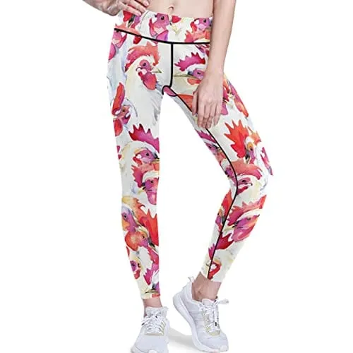 visesunny High Waist Yoga Pants with Pockets White Rooster Animal Buttery Soft Tummy Control Running Workout Pants 4 Way Stretch Pocket Leggings