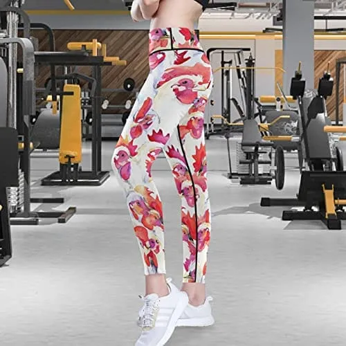 visesunny High Waist Yoga Pants with Pockets White Rooster Animal Buttery Soft Tummy Control Running Workout Pants 4 Way Stretch Pocket Leggings
