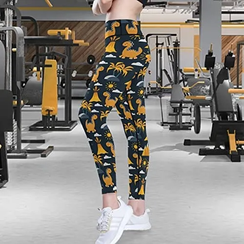 visesunny High Waist Yoga Pants with Pockets Yellow Dinosaurs A Volcano and Palm Tree Buttery Soft Tummy Control Running Workout Pants 4 Way Stretch Pocket Leggings