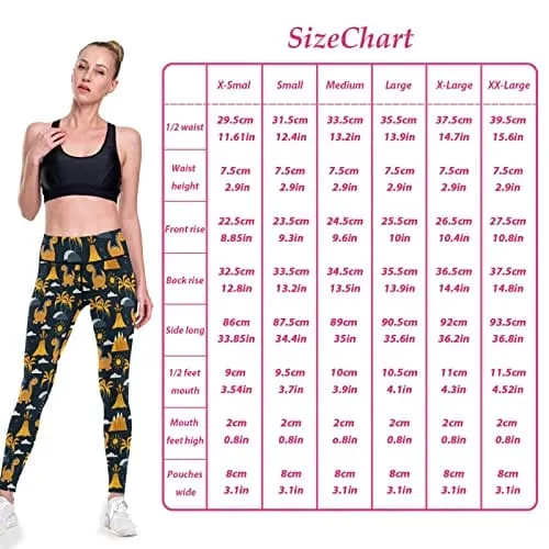 visesunny High Waist Yoga Pants with Pockets Yellow Dinosaurs A Volcano and Palm Tree Buttery Soft Tummy Control Running Workout Pants 4 Way Stretch Pocket Leggings