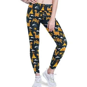 visesunny High Waist Yoga Pants with Pockets Yellow Dinosaurs A Volcano and Palm Tree Buttery Soft Tummy Control Running Workout Pants 4 Way Stretch Pocket Leggings