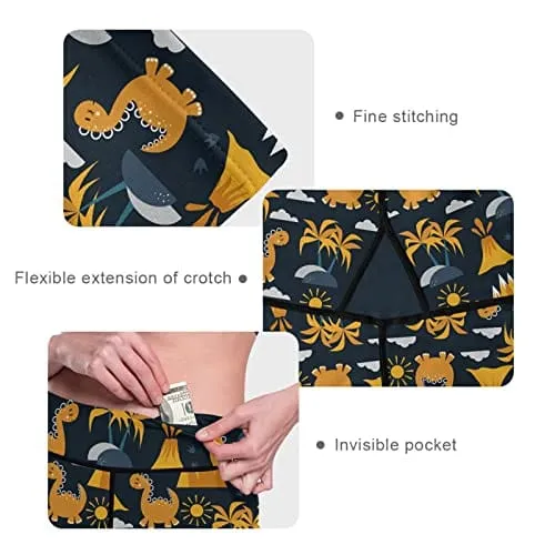 visesunny High Waist Yoga Pants with Pockets Yellow Dinosaurs A Volcano and Palm Tree Buttery Soft Tummy Control Running Workout Pants 4 Way Stretch Pocket Leggings