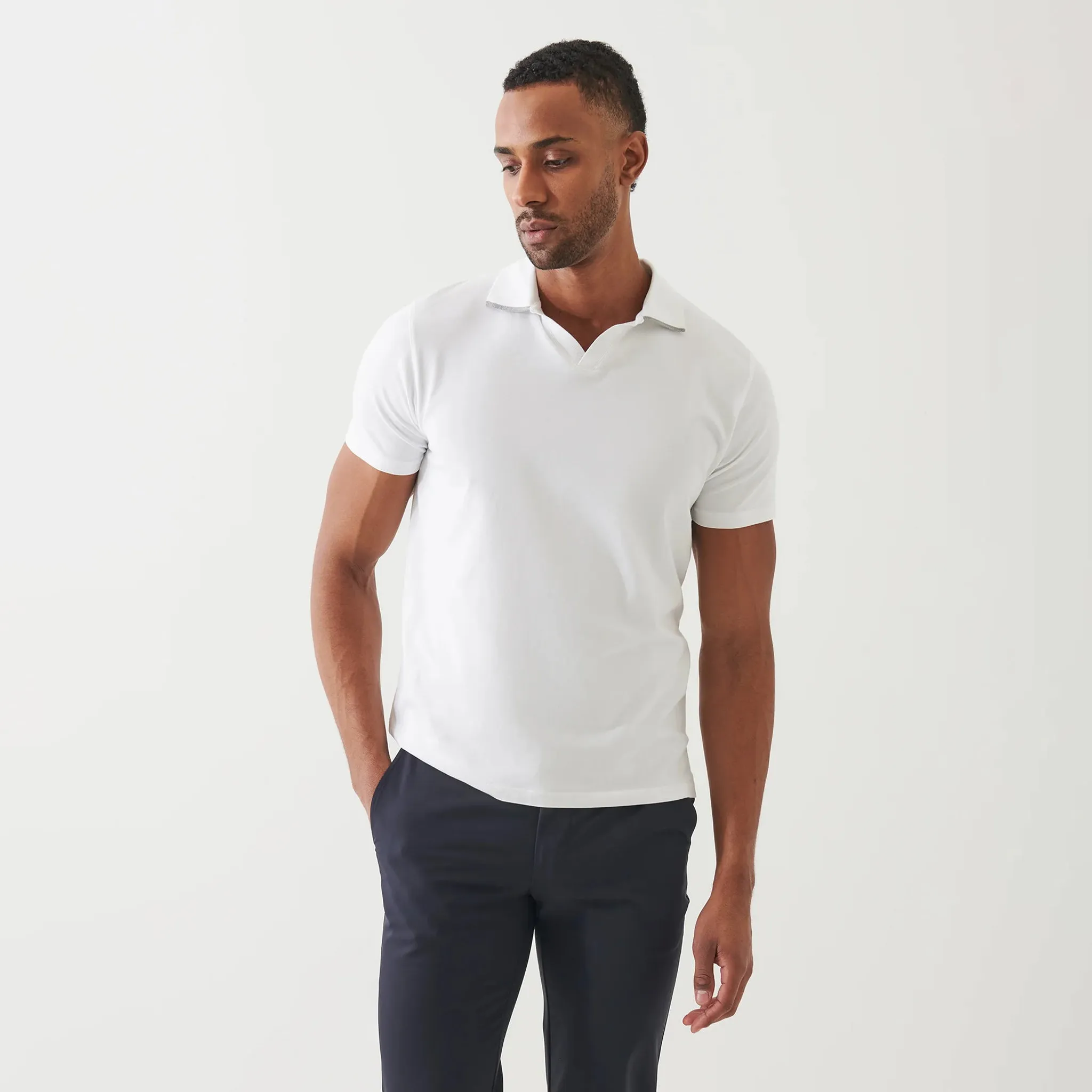 White Tipped Iconic Pima Cotton Stretch Open Polo Shirt - Patrick Assaraf