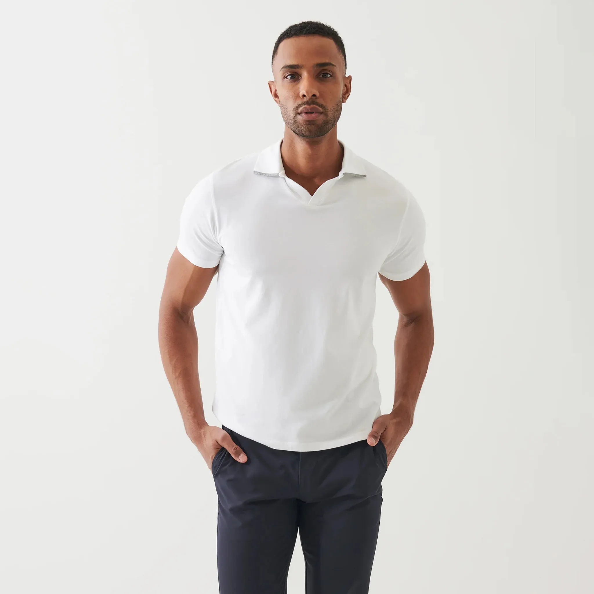 White Tipped Iconic Pima Cotton Stretch Open Polo Shirt - Patrick Assaraf