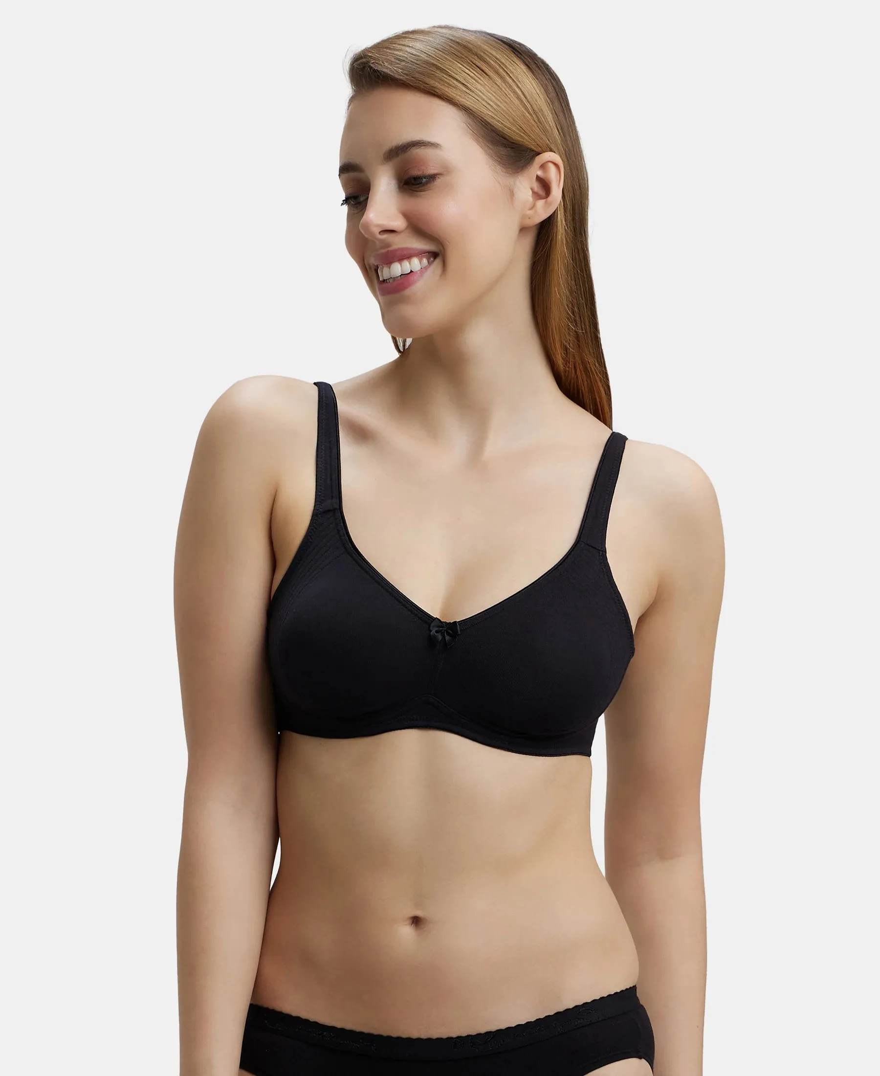 Wirefree Non Padded Super Combed Cotton Elastane Stretch Full Coverage Everyday Bra with Contoured Shaper Panel and Adjustable Straps - Black