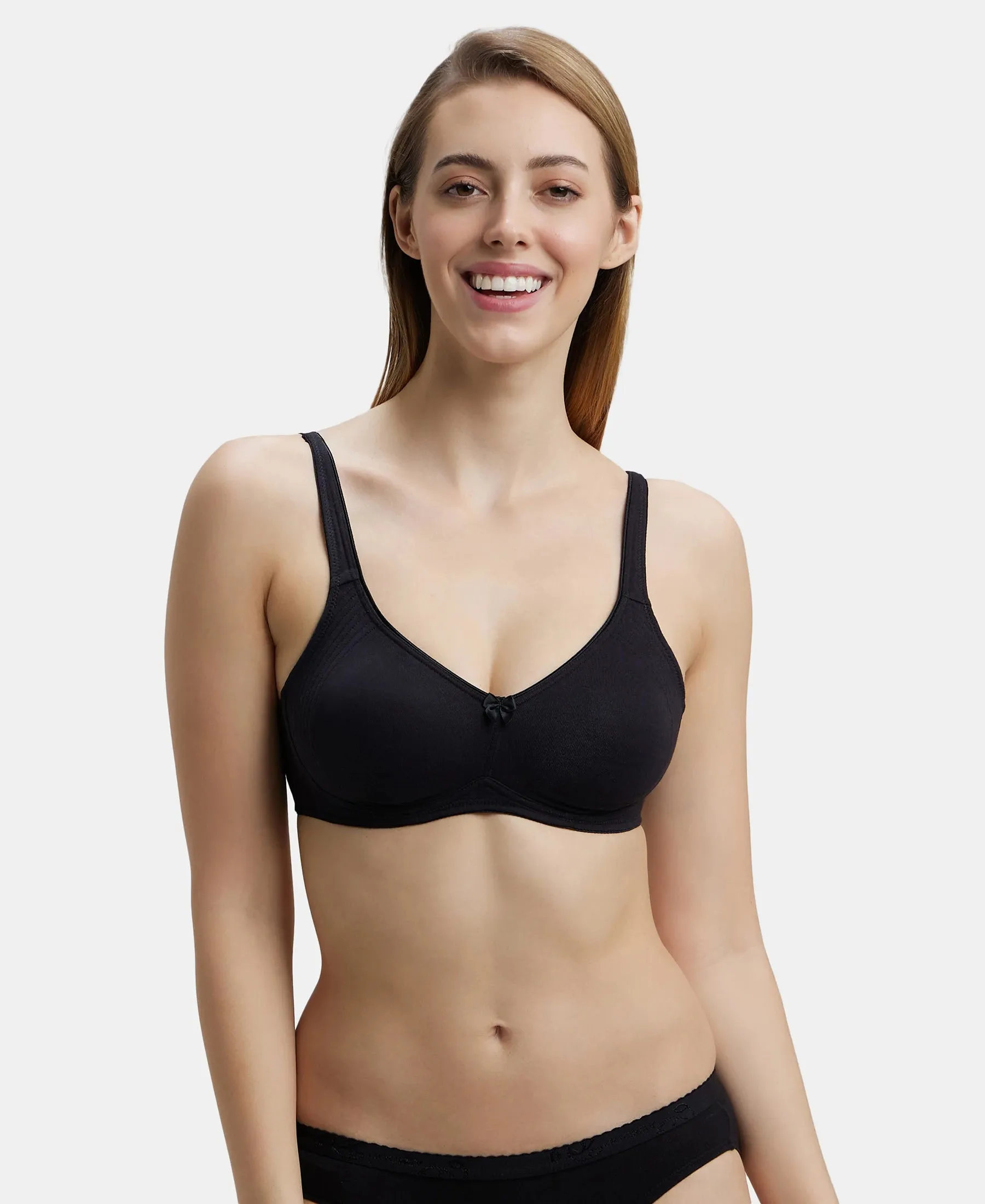 Wirefree Non Padded Super Combed Cotton Elastane Stretch Full Coverage Everyday Bra with Contoured Shaper Panel and Adjustable Straps - Black