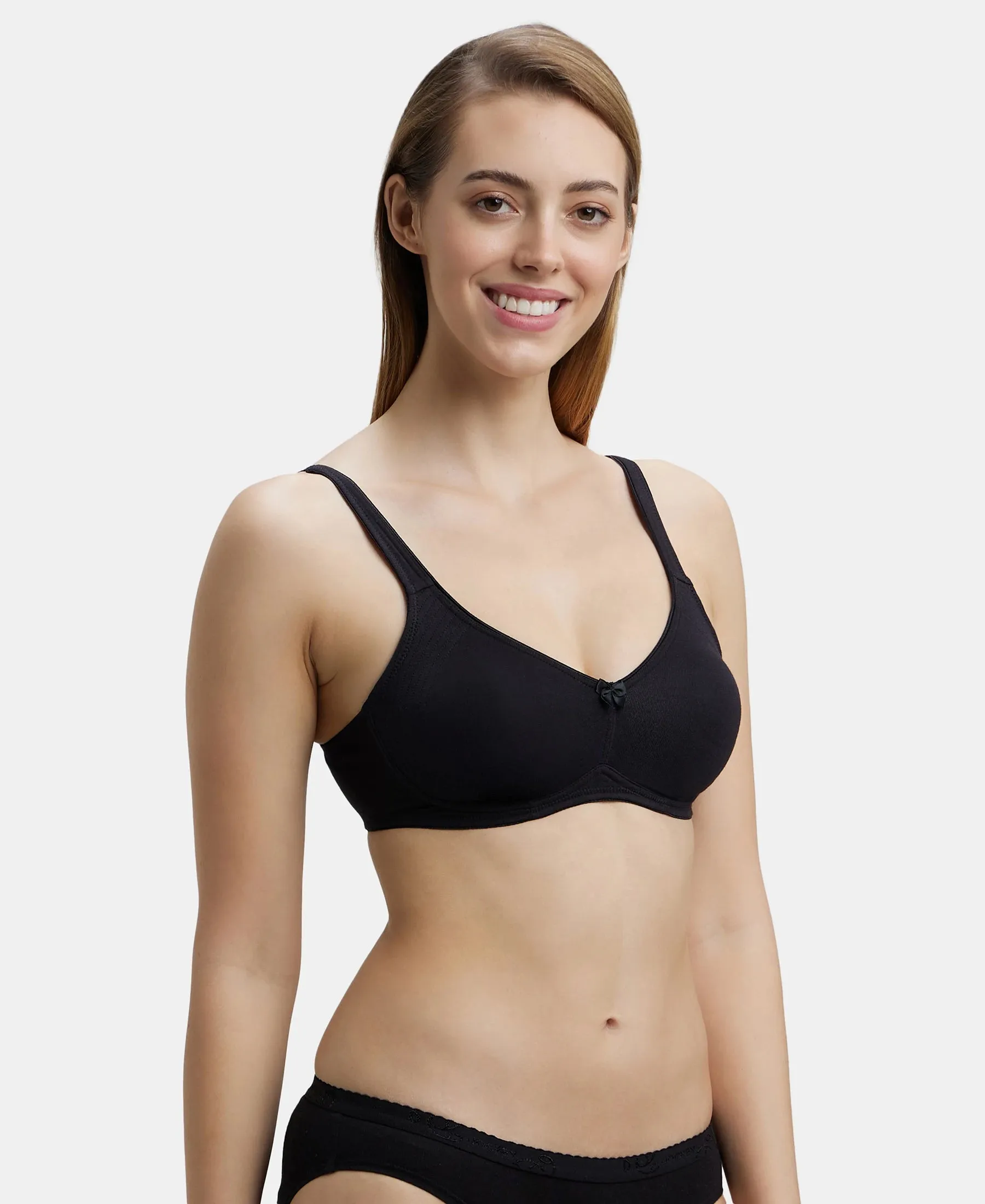 Wirefree Non Padded Super Combed Cotton Elastane Stretch Full Coverage Everyday Bra with Contoured Shaper Panel and Adjustable Straps - Black