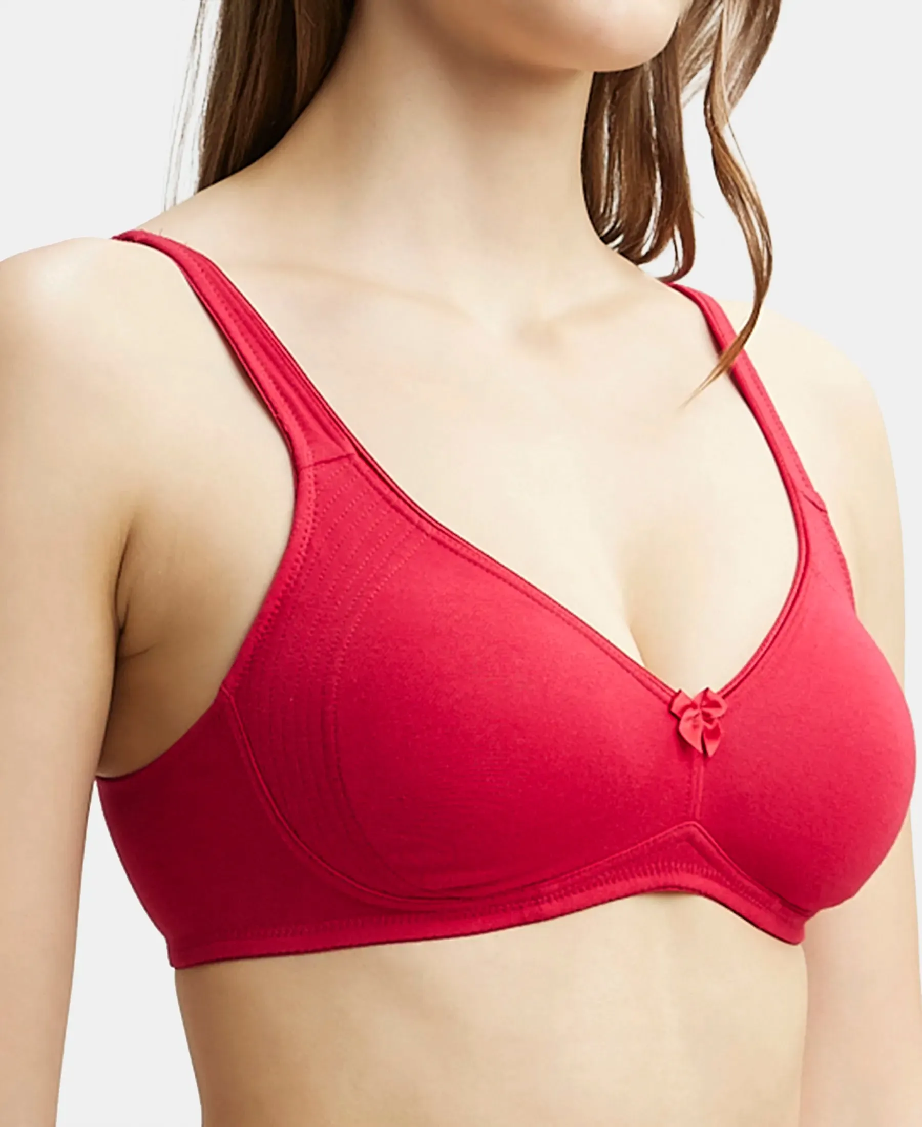 Wirefree Non Padded Super Combed Cotton Elastane Stretch Full Coverage Everyday Bra with Contoured Shaper Panel and Adjustable Straps - Red Love