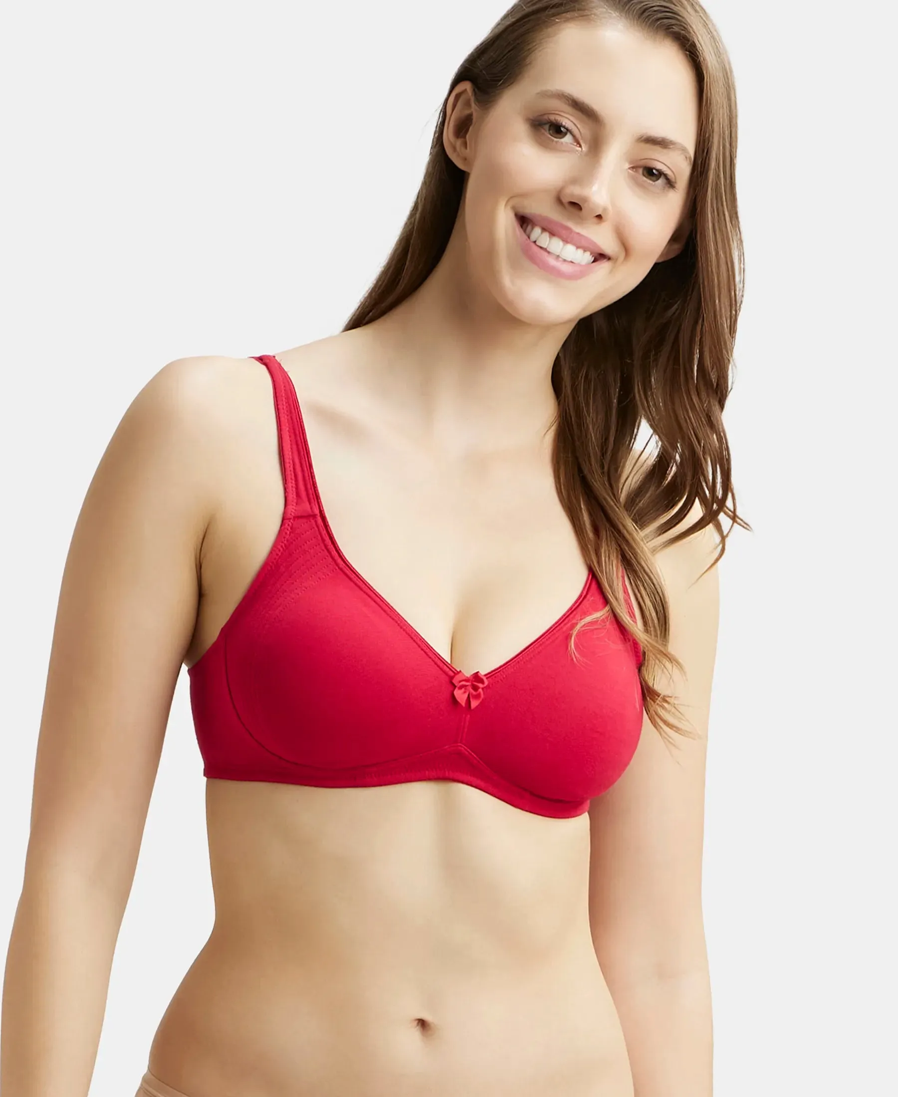 Wirefree Non Padded Super Combed Cotton Elastane Stretch Full Coverage Everyday Bra with Contoured Shaper Panel and Adjustable Straps - Red Love