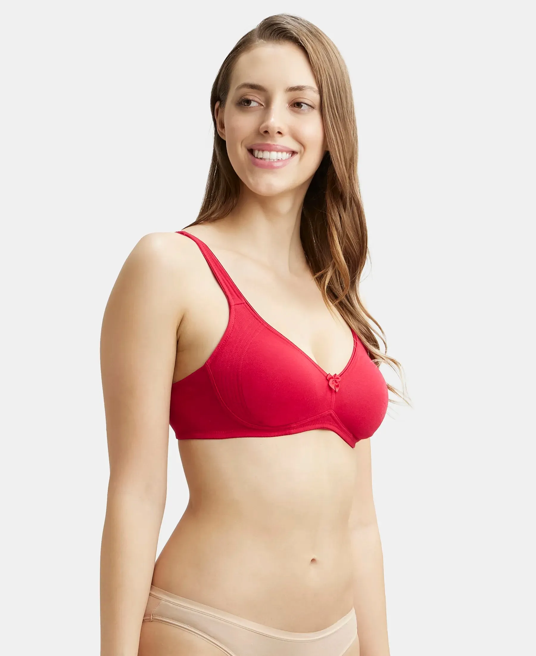 Wirefree Non Padded Super Combed Cotton Elastane Stretch Full Coverage Everyday Bra with Contoured Shaper Panel and Adjustable Straps - Red Love