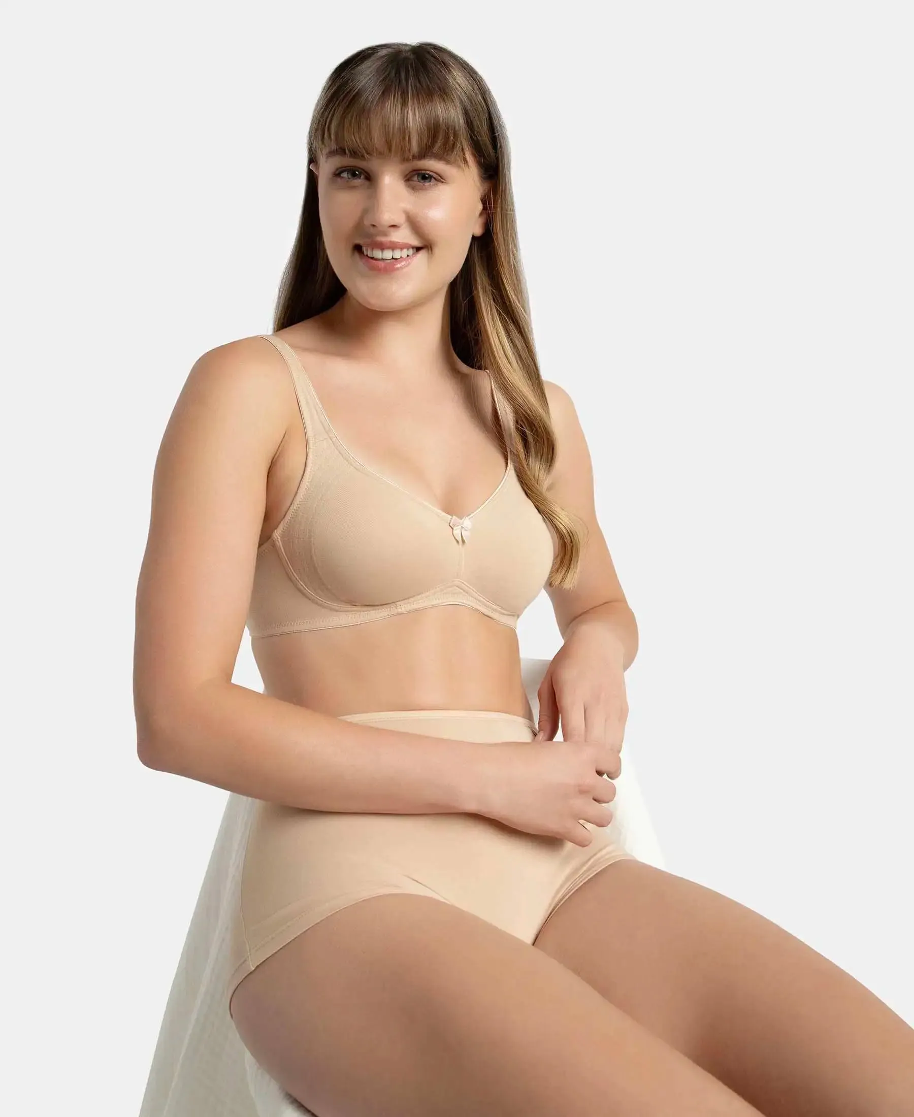 Wirefree Non Padded Super Combed Cotton Elastane Stretch Full Coverage Everyday Bra with Contoured Shaper Panel and Adjustable Straps - Skin