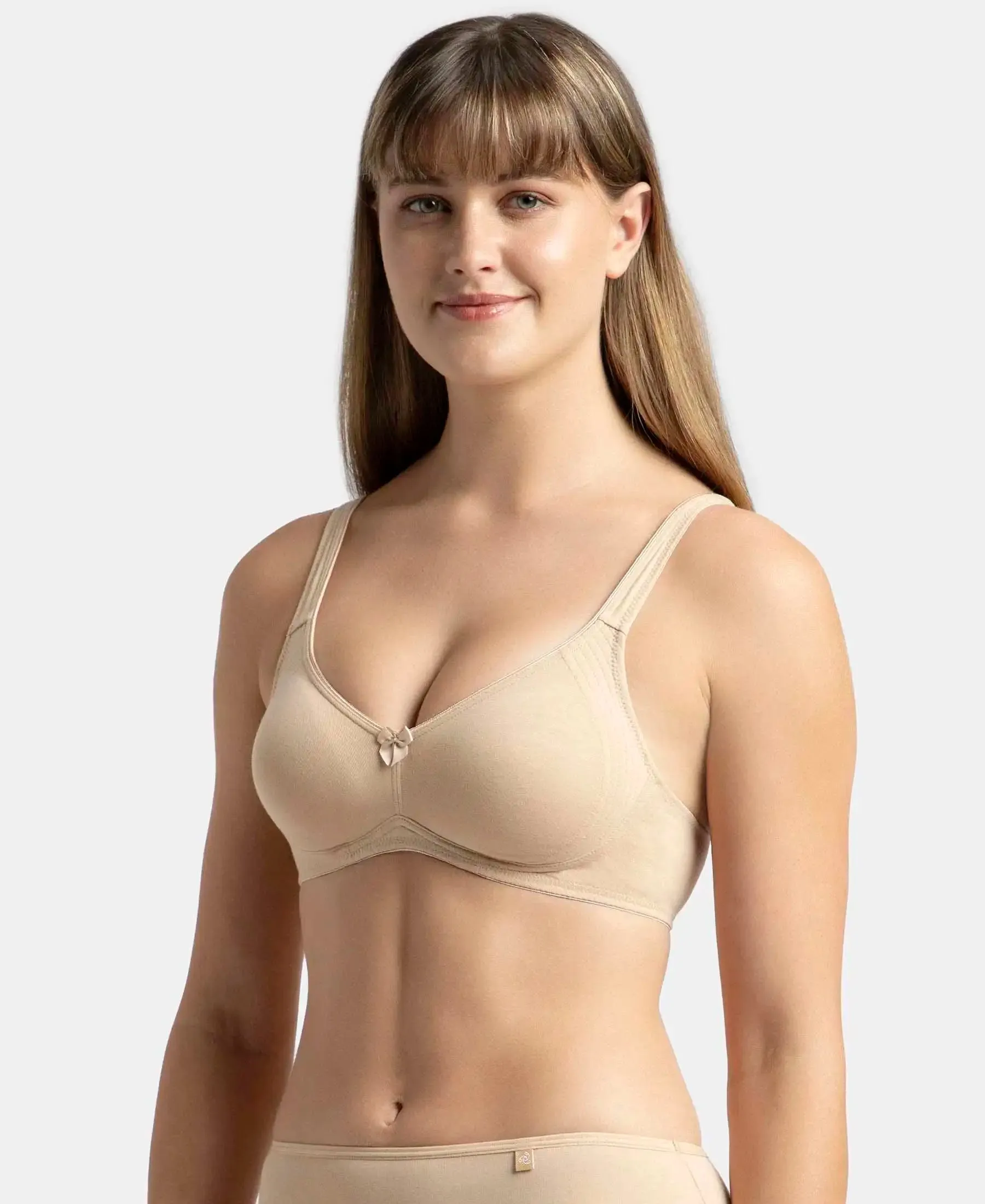 Wirefree Non Padded Super Combed Cotton Elastane Stretch Full Coverage Everyday Bra with Contoured Shaper Panel and Adjustable Straps - Skin