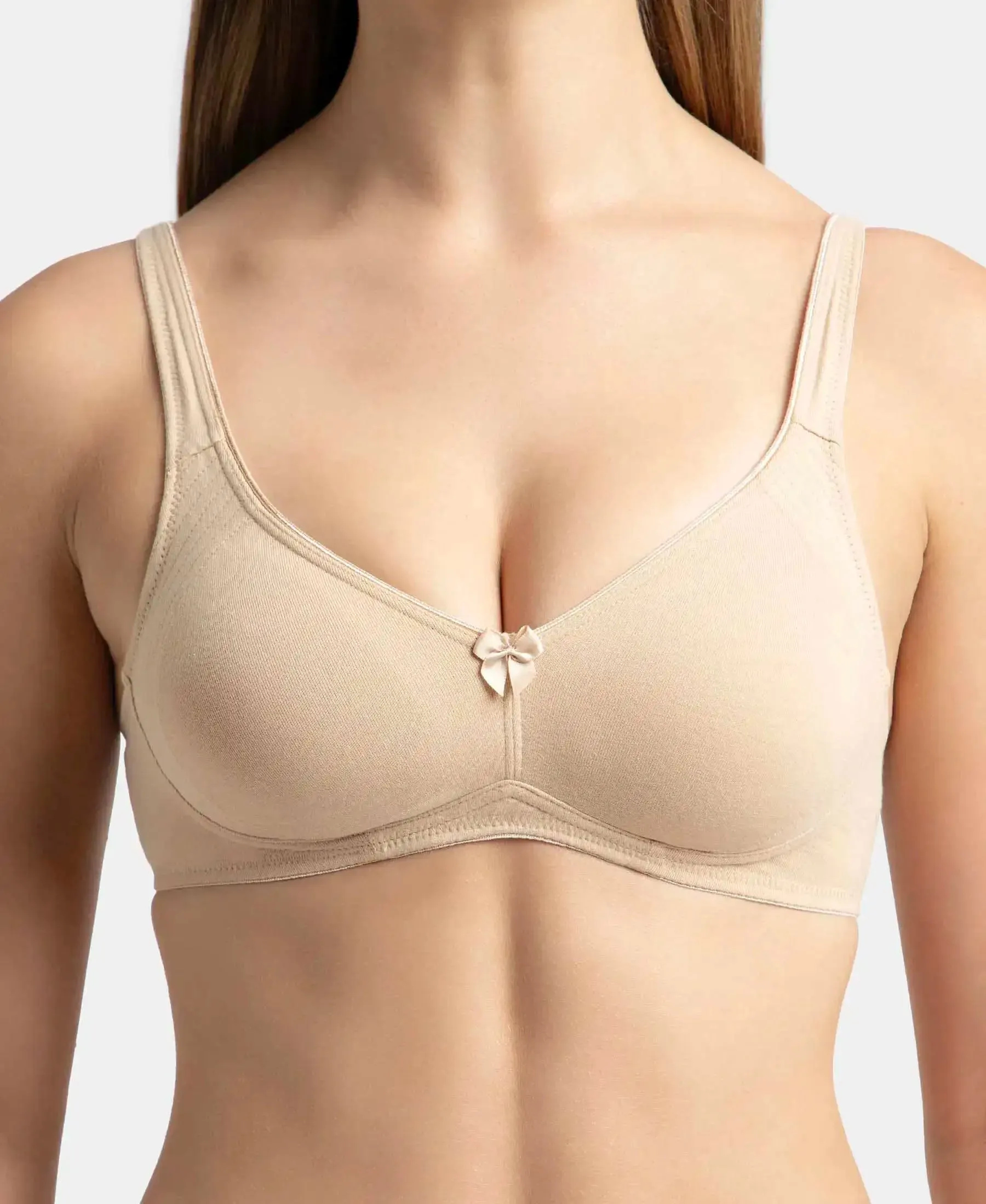 Wirefree Non Padded Super Combed Cotton Elastane Stretch Full Coverage Everyday Bra with Contoured Shaper Panel and Adjustable Straps - Skin