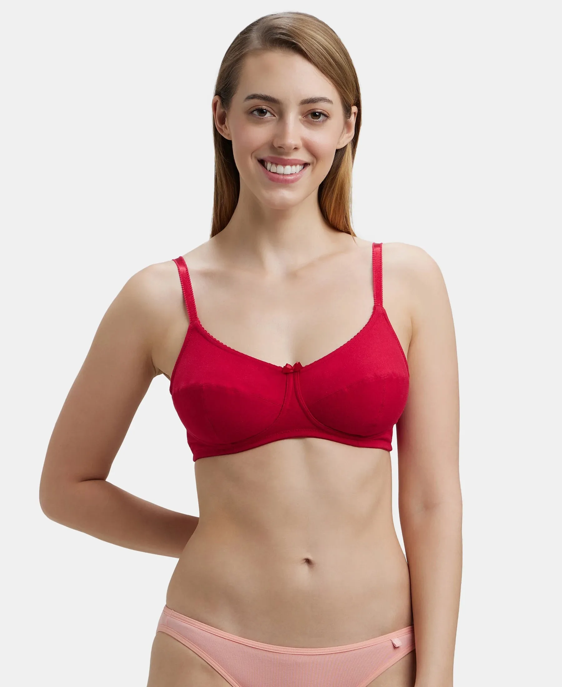 Wirefree Non Padded Super Combed Cotton Elastane Stretch Full Coverage Everyday Bra with Soft Adjustable Straps - Red Love