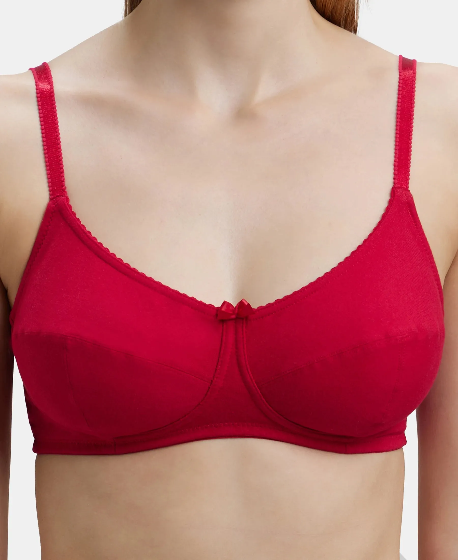 Wirefree Non Padded Super Combed Cotton Elastane Stretch Full Coverage Everyday Bra with Soft Adjustable Straps - Red Love