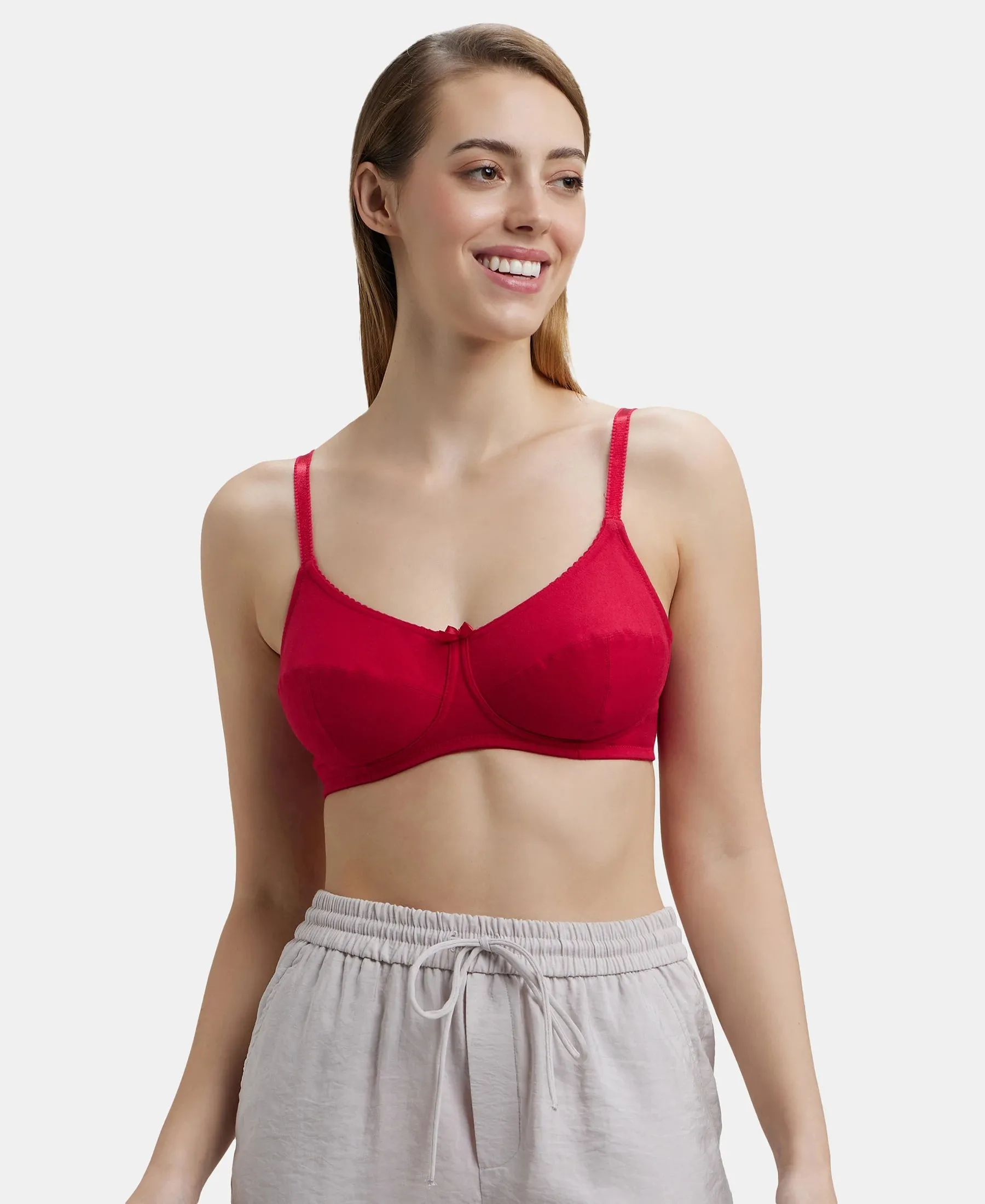 Wirefree Non Padded Super Combed Cotton Elastane Stretch Full Coverage Everyday Bra with Soft Adjustable Straps - Red Love
