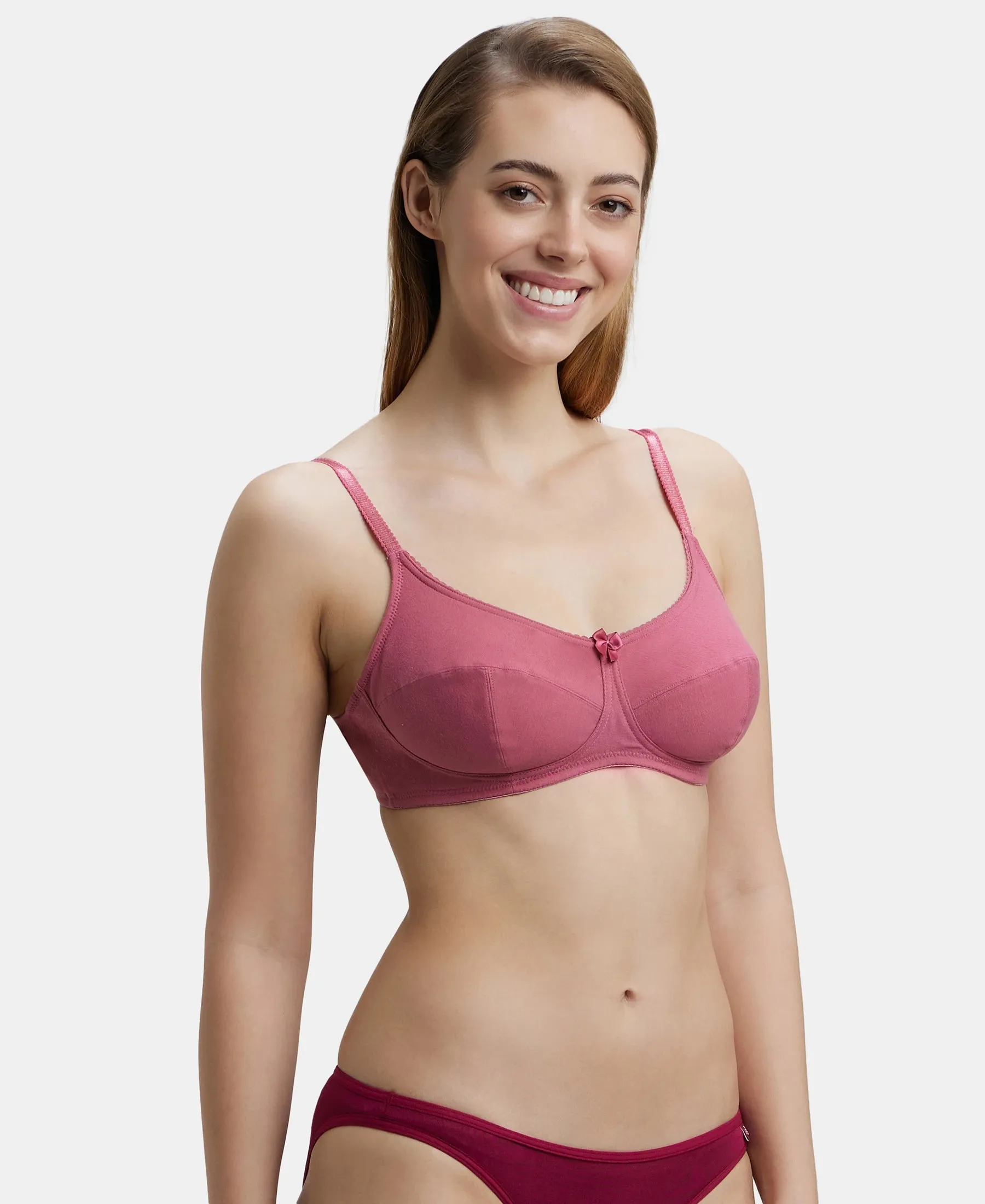 Wirefree Non Padded Super Combed Cotton Elastane Stretch Full Coverage Everyday Bra with Soft Adjustable Straps - Rose Wine
