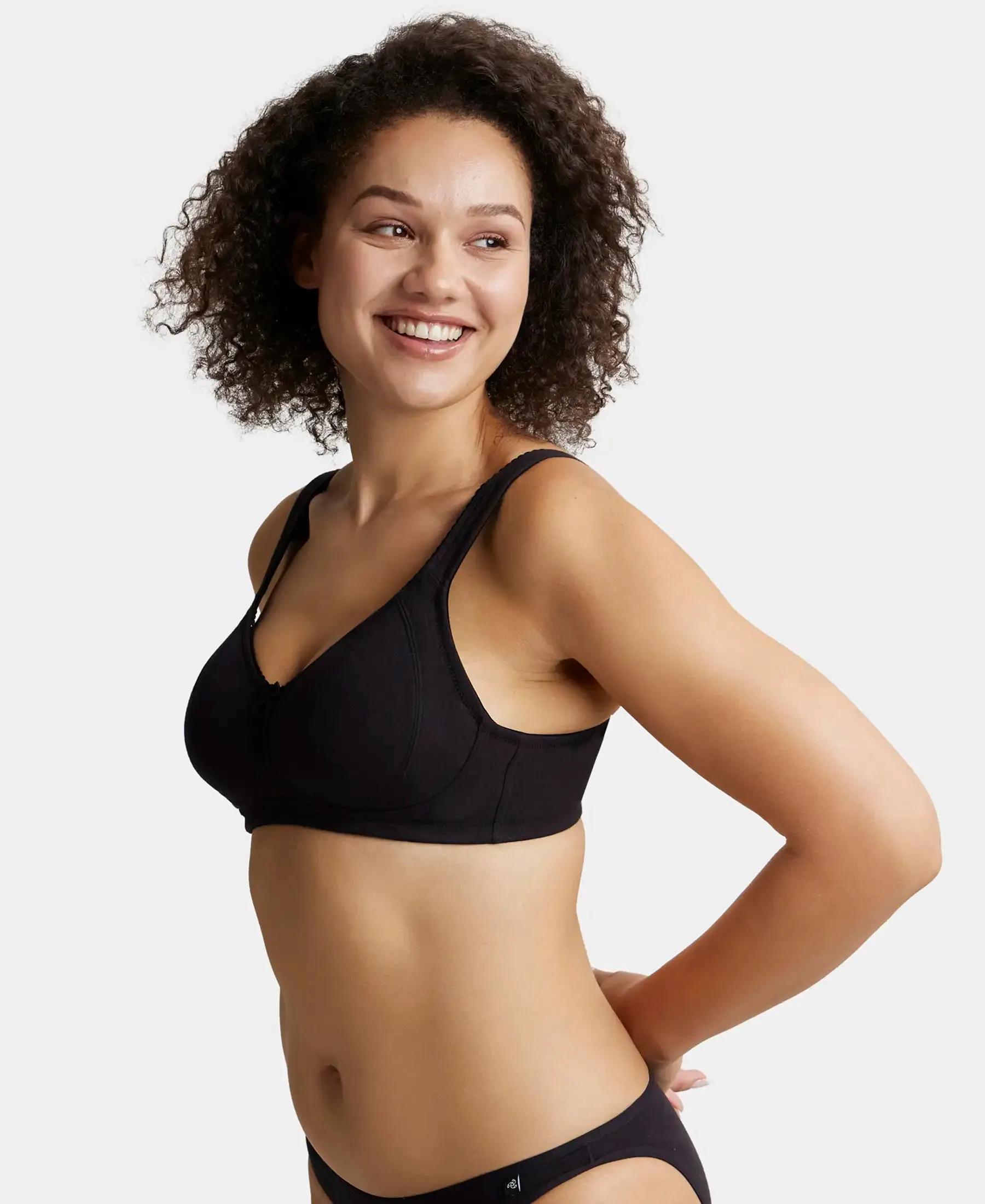 Wirefree Non Padded Super Combed Cotton Elastane Stretch Full Coverage Plus Size Bra Plush Lining Cup - Black